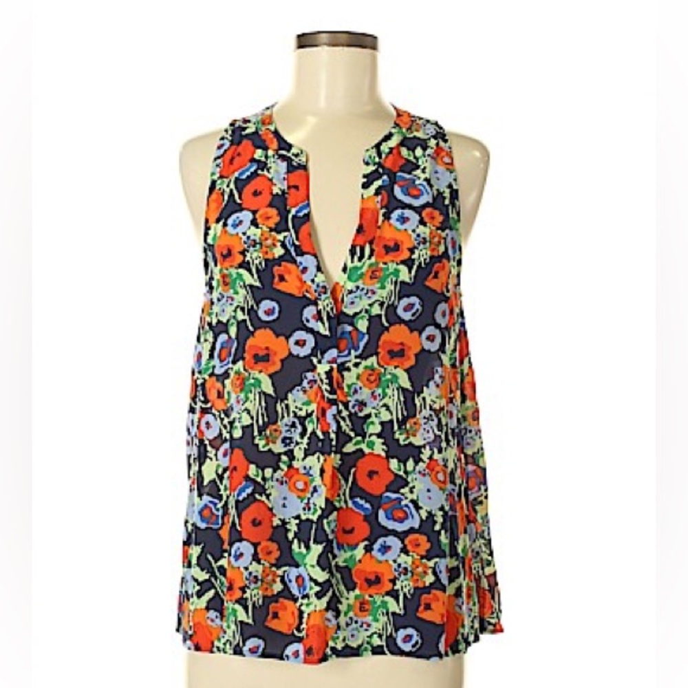 Joie Navy blue Floral Print 100% Silk Sleeveless V-Neck Top. Size M